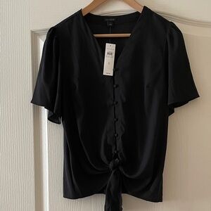 Ann Taylor Black V-Neck Blouse front tie at waist , New
